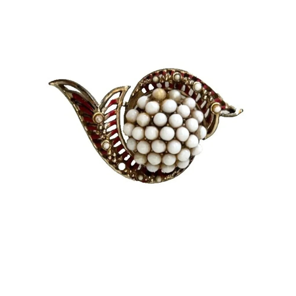 Vntage CORO Signed Spray Brooch Pin Pearl Milk Glass Bead Cluster Red Enamel 50s